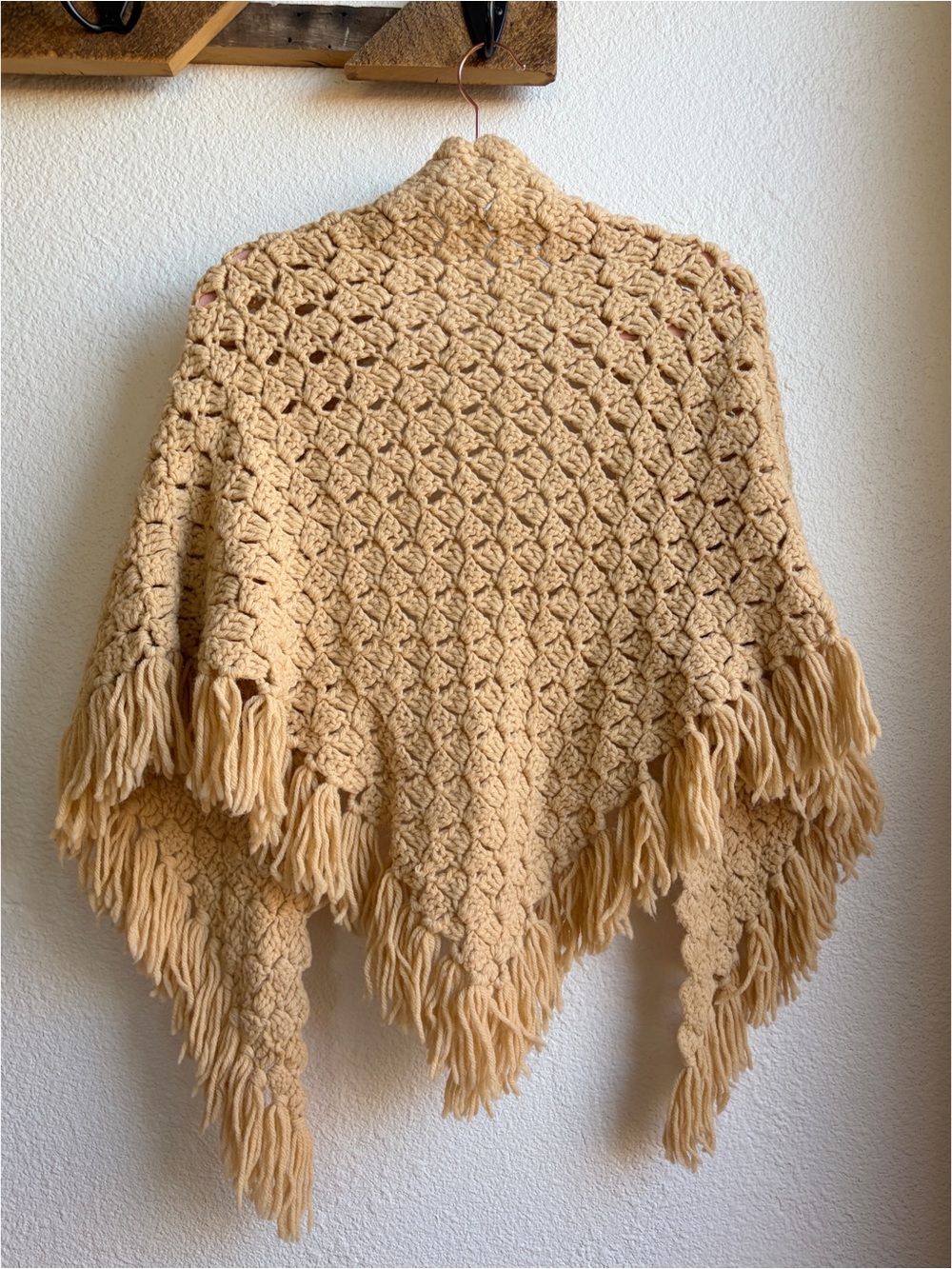 Vintage Tan Hand Crocheted Knit Fringe Shawl